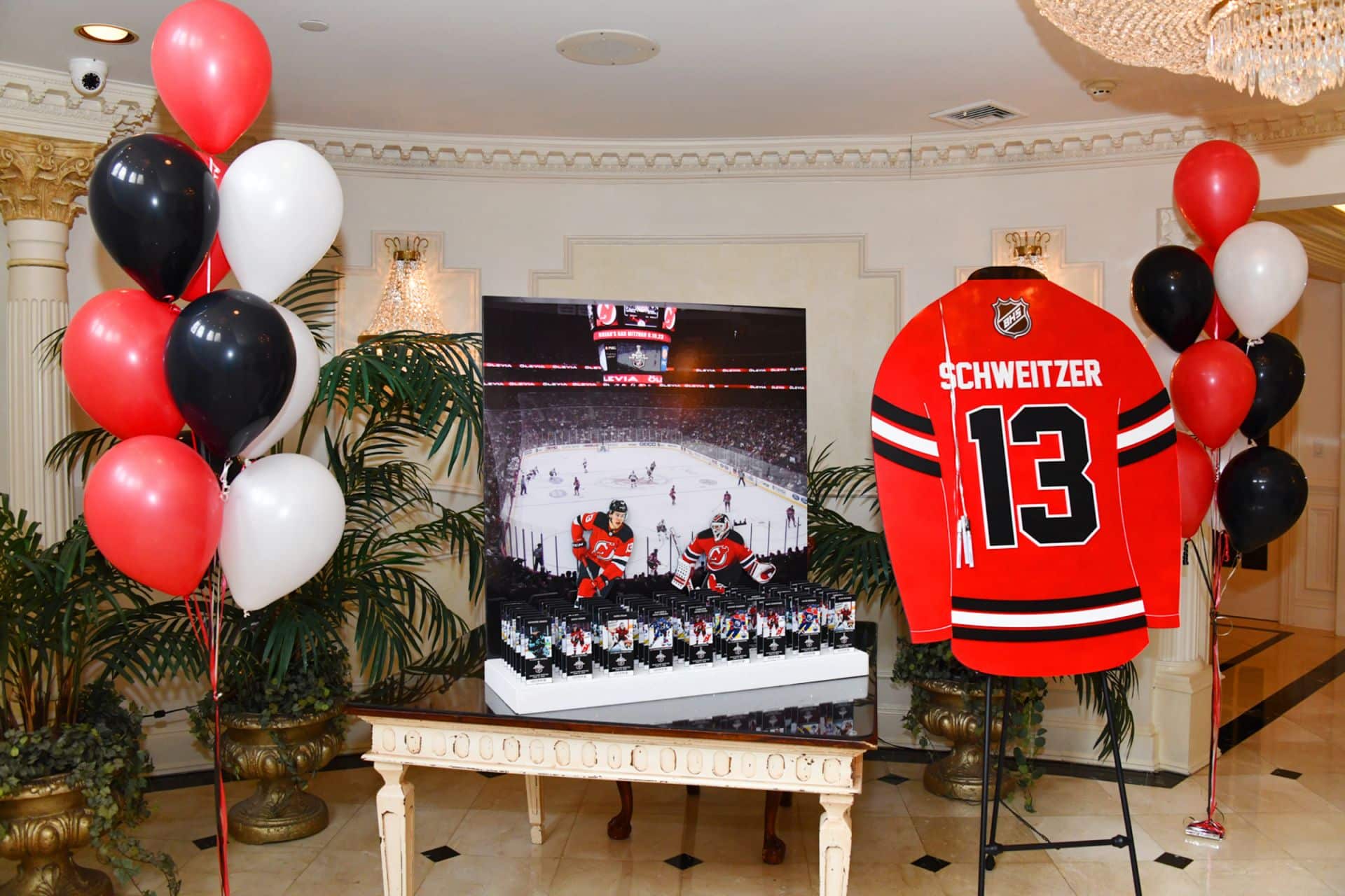 Devils Themed Seating Card Display with Custom Tickets and Jersey Sign in Board for Hockey Themed Bar Mitzvah