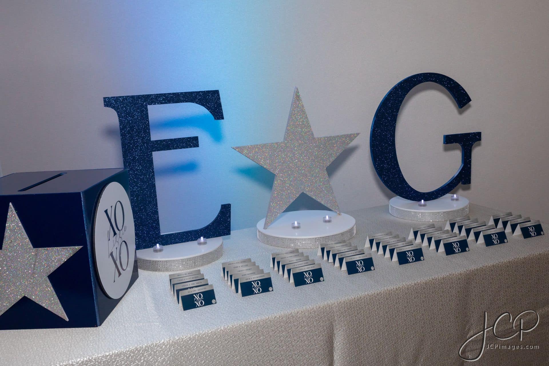 Glitter Initial Seating Card Display with Custom Fold Over Place Cards