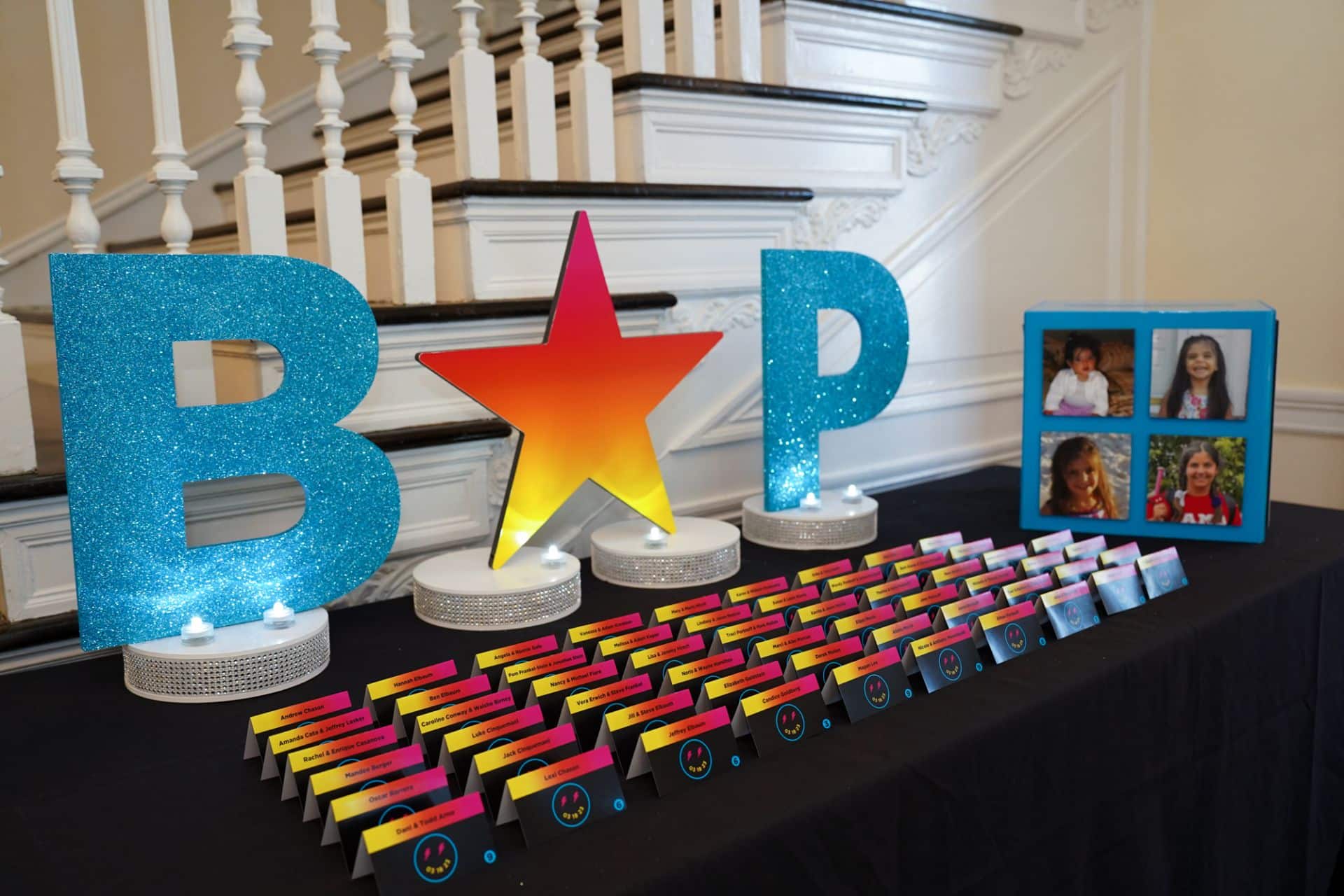 Custom Cutout Initials Seating Display with Custom Place Cards and Gift Box