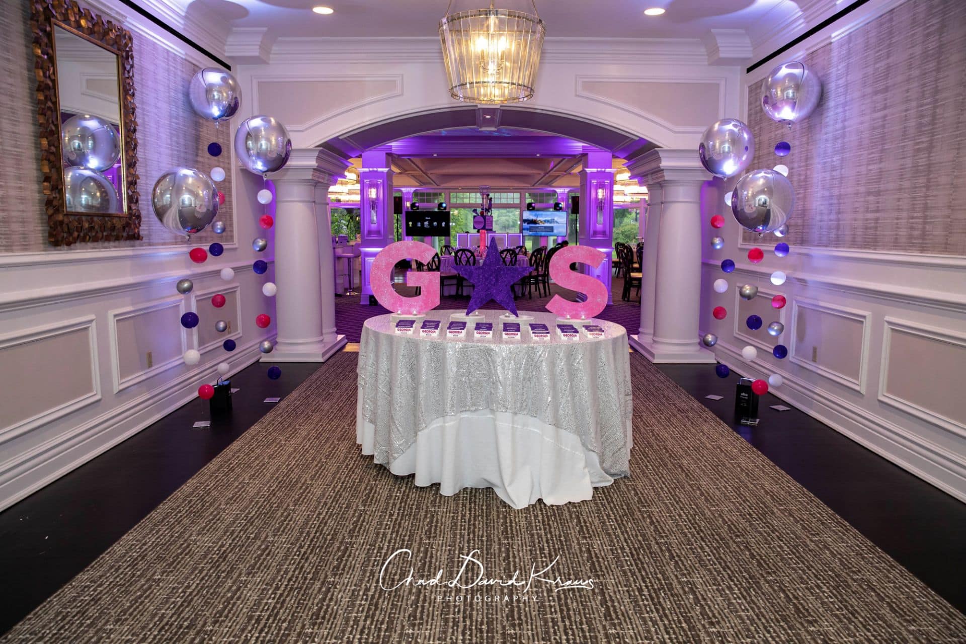 Custom Glittered Cutout Initials and Star with Metallic Orbz Bubble Balloons at Scarsdale Golf Club