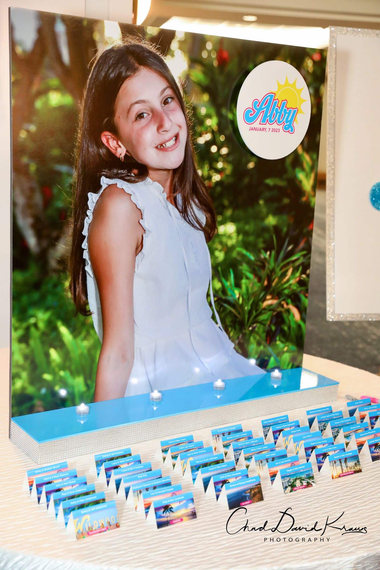 Beach Themed Seating Card Display with Blowup Photo and Custom Themed Place Cards