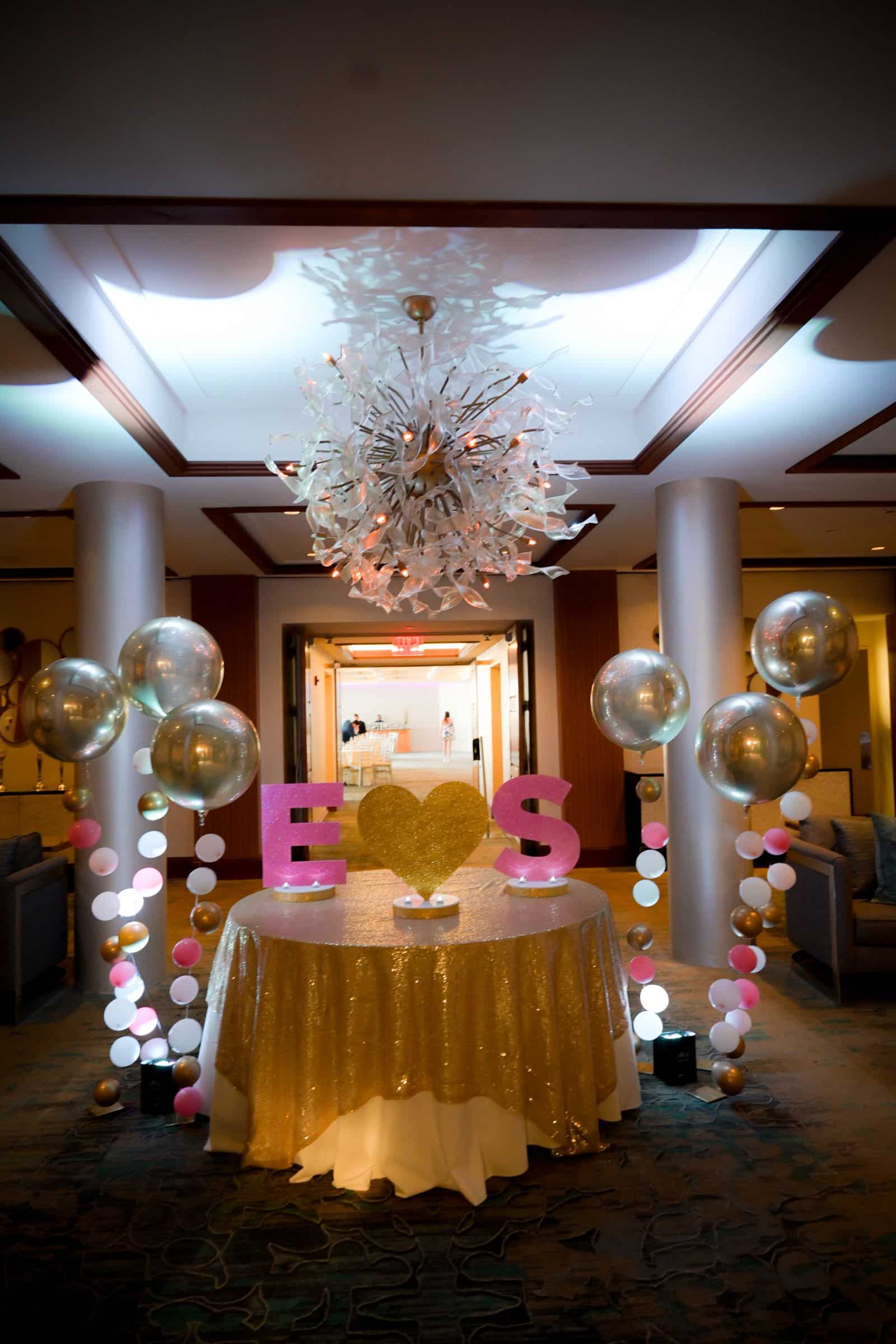 Pink Glitter Initial Display with Metallic Orbs and Bubbles at VIP Country Club