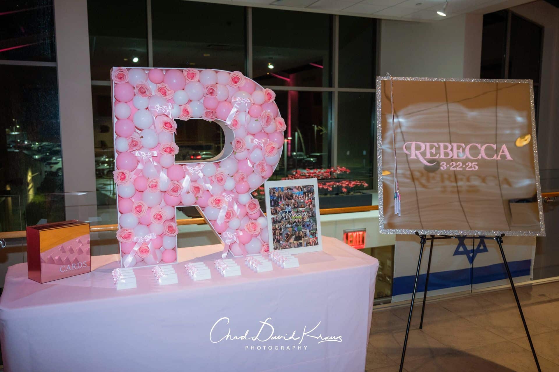 Custom Initial Balloon Mosaic Display for Entrance with Custom Place Cards at Temple Beth El Chappaqua
