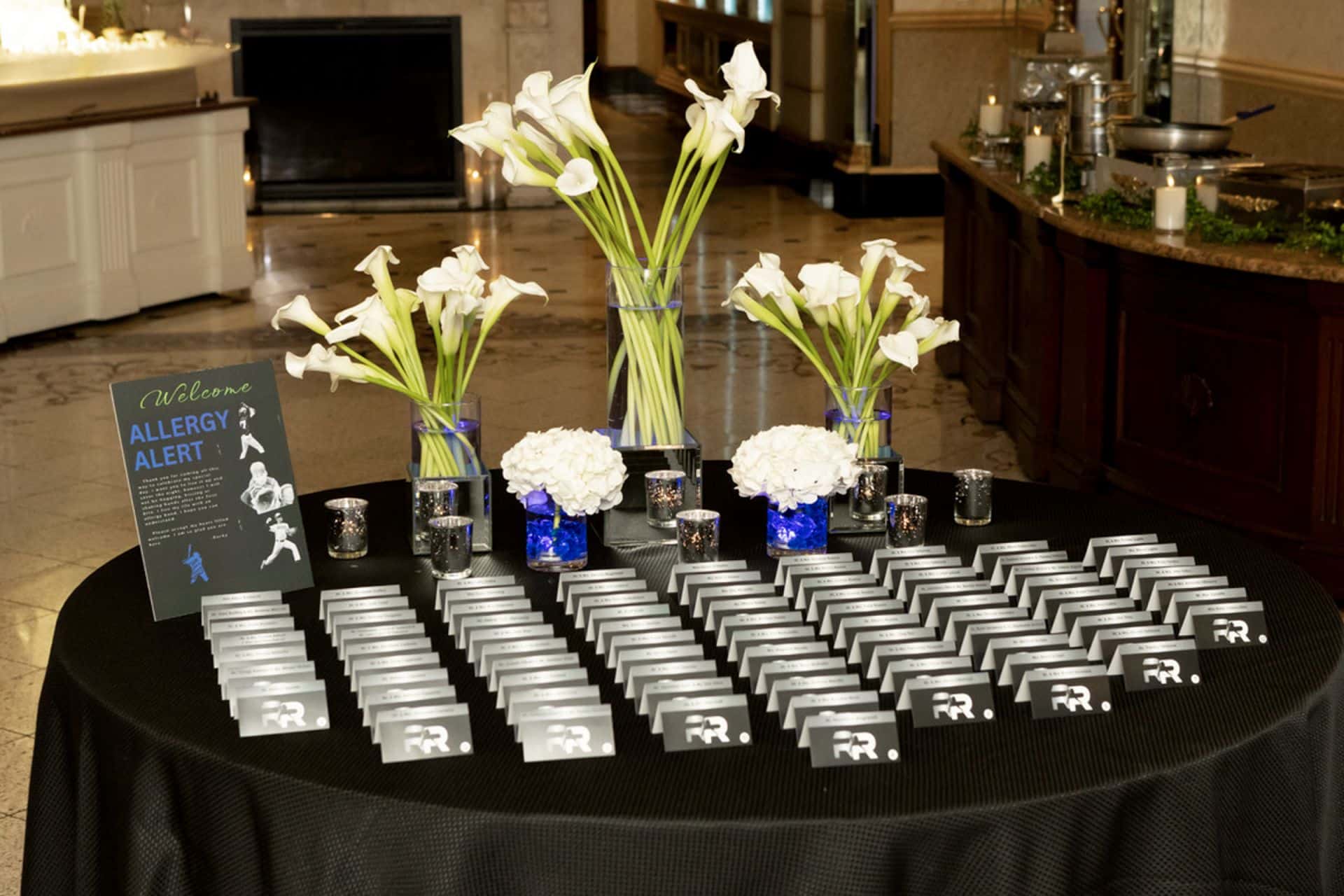 Calla Lillies and Hydrangeas Arrangements with Fold Over Place Cards for a Bar Mitzvah at Seasons