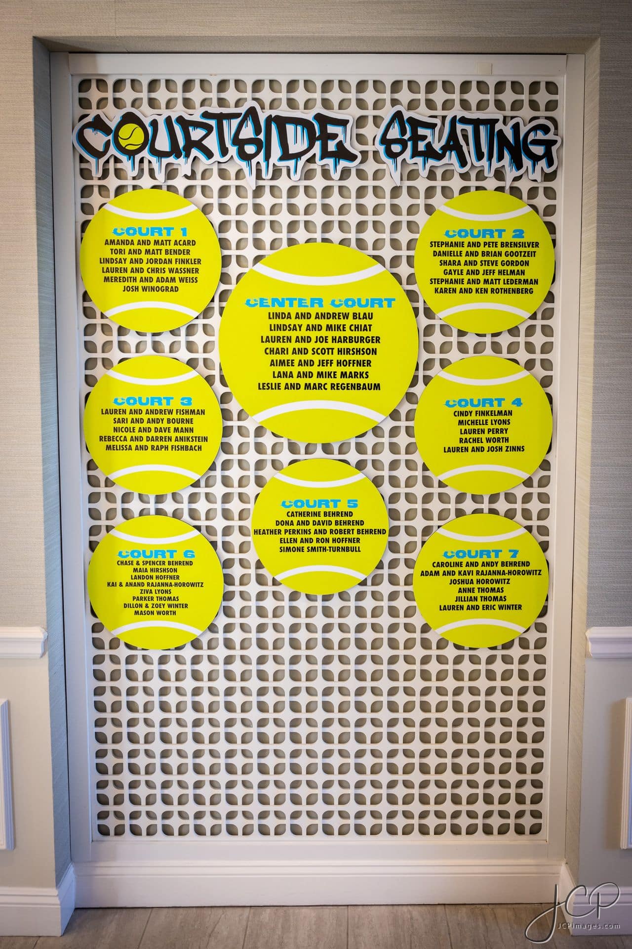 Custom Court Side Seating Chart on Tennis Balls for a Tennis Theme Bar Mitzvah
