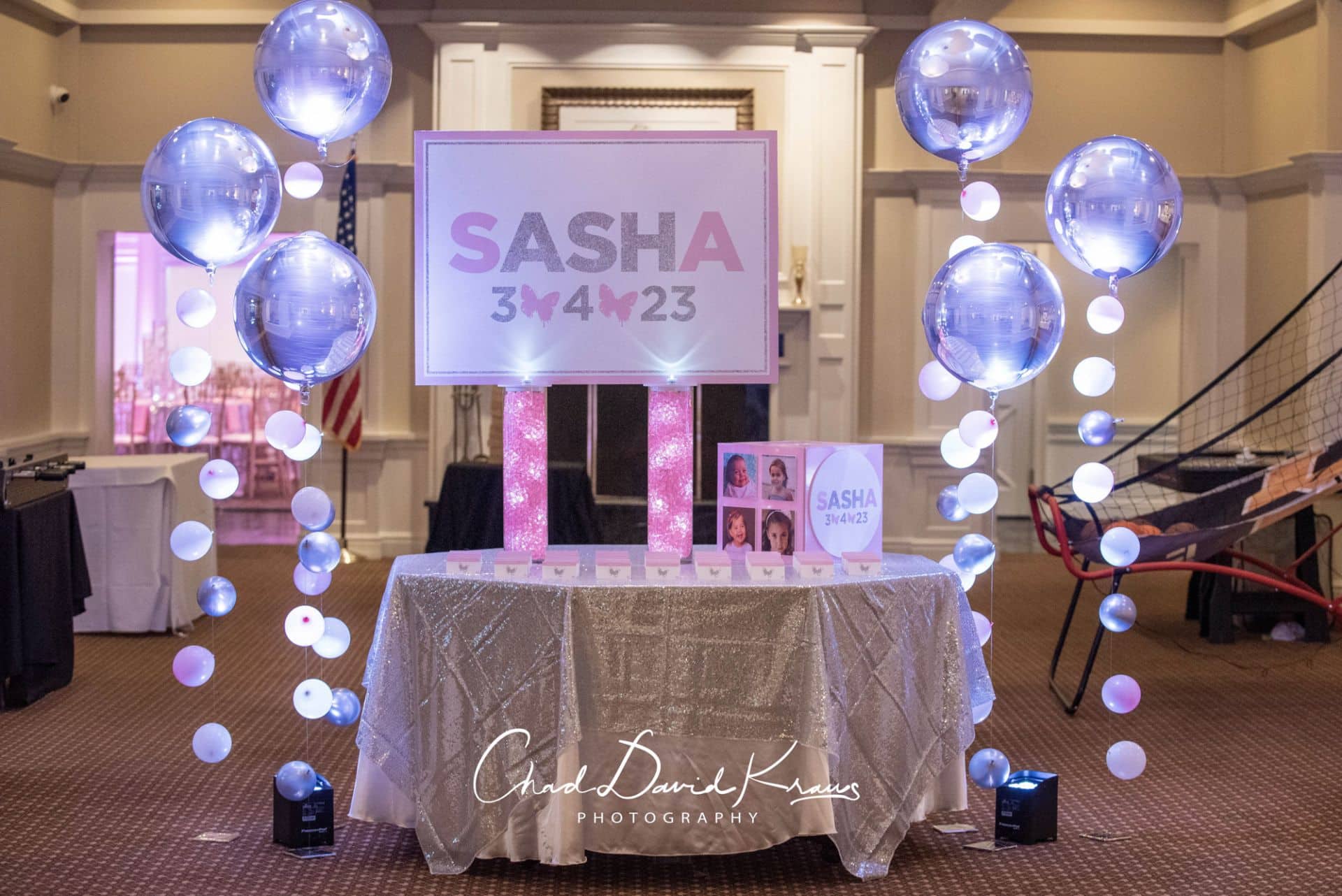 Bat Mitzvah Entrance Decor with LED Logo Display and Bubble Balloons at Hampshire Country Club