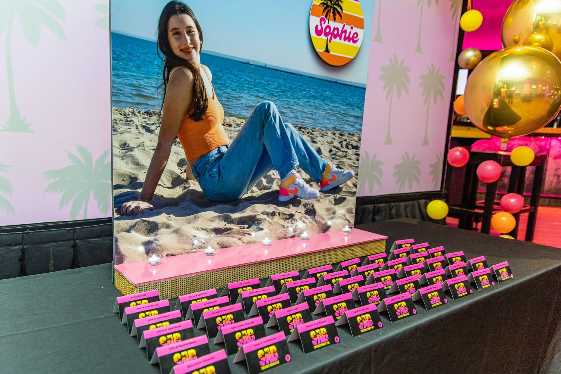 Beach Theme Seating Card Display with Custom Logo and Fold Over Place Cards for a Bat Mitzvah