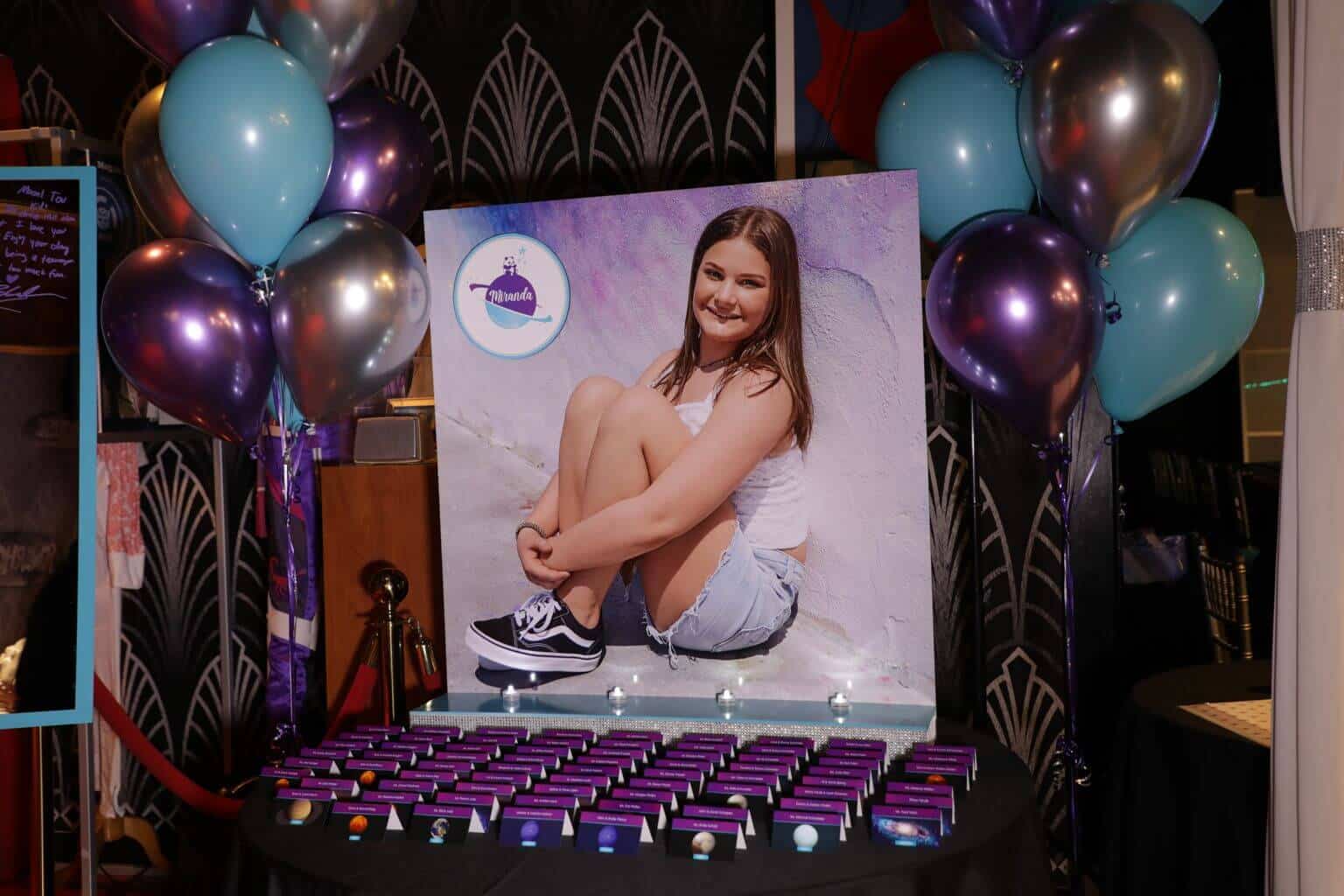 Galaxy Themed Bat Mitzvah Seating Card Display with Blowup Photo & Logo