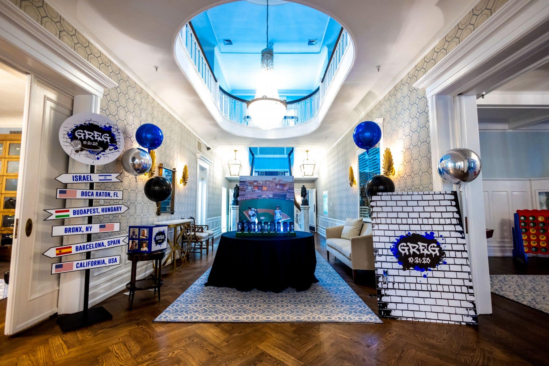 Sports Themed Seating Card Display with Custom Sign in Board, Directional Sign and Gift Box at Preakness Hills Country Club