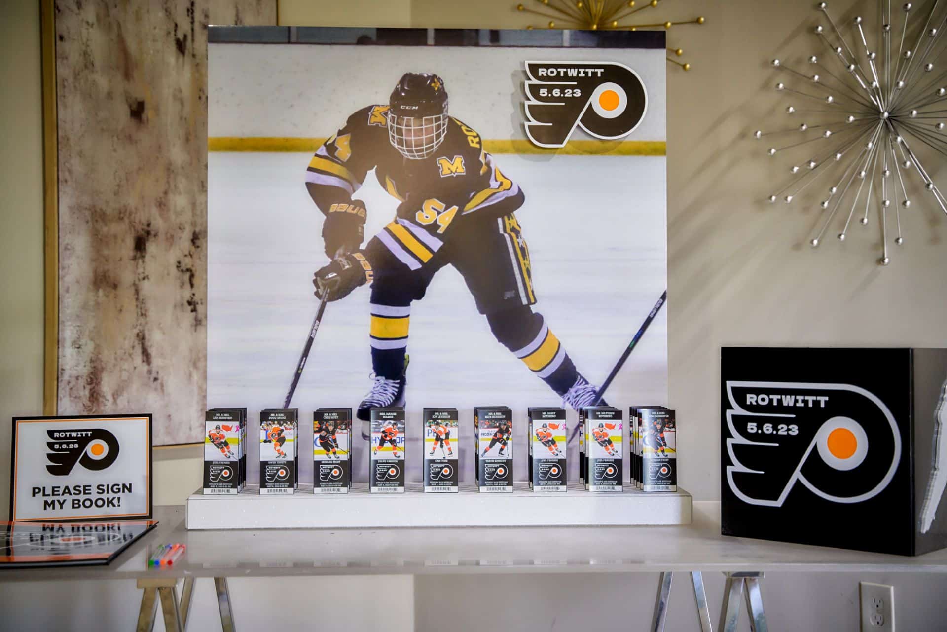 Sport Themed Seating Display with Custom Photo Display, Ticket Place Cards, Sign in Book with Custom Sign and Gift Box