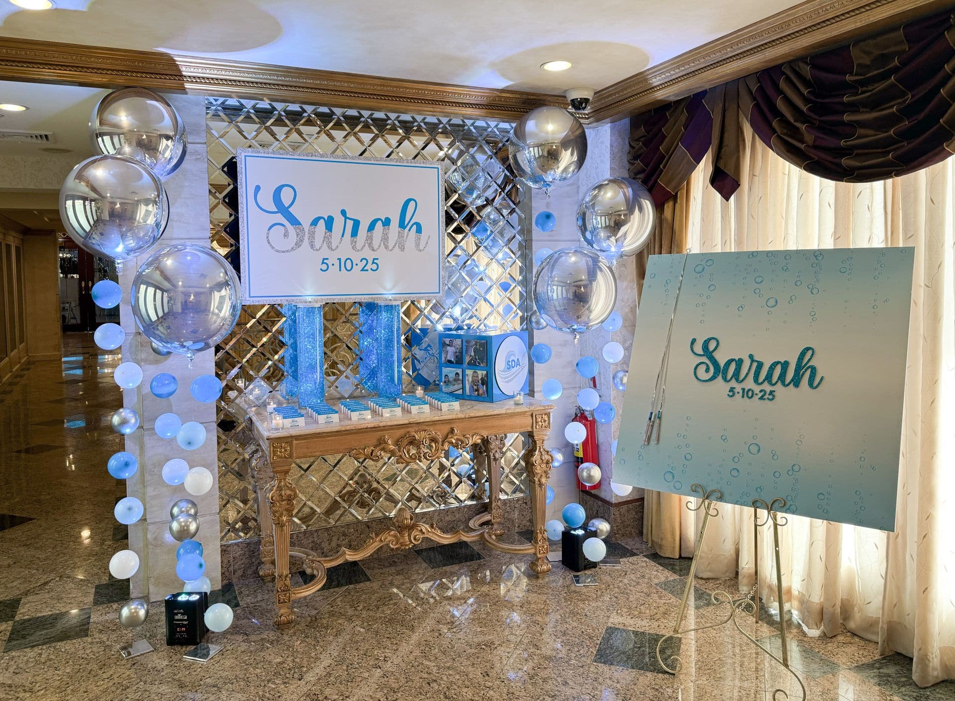 Custom Swimming Theme Seating Cards with Display and Bubbles at Seasons