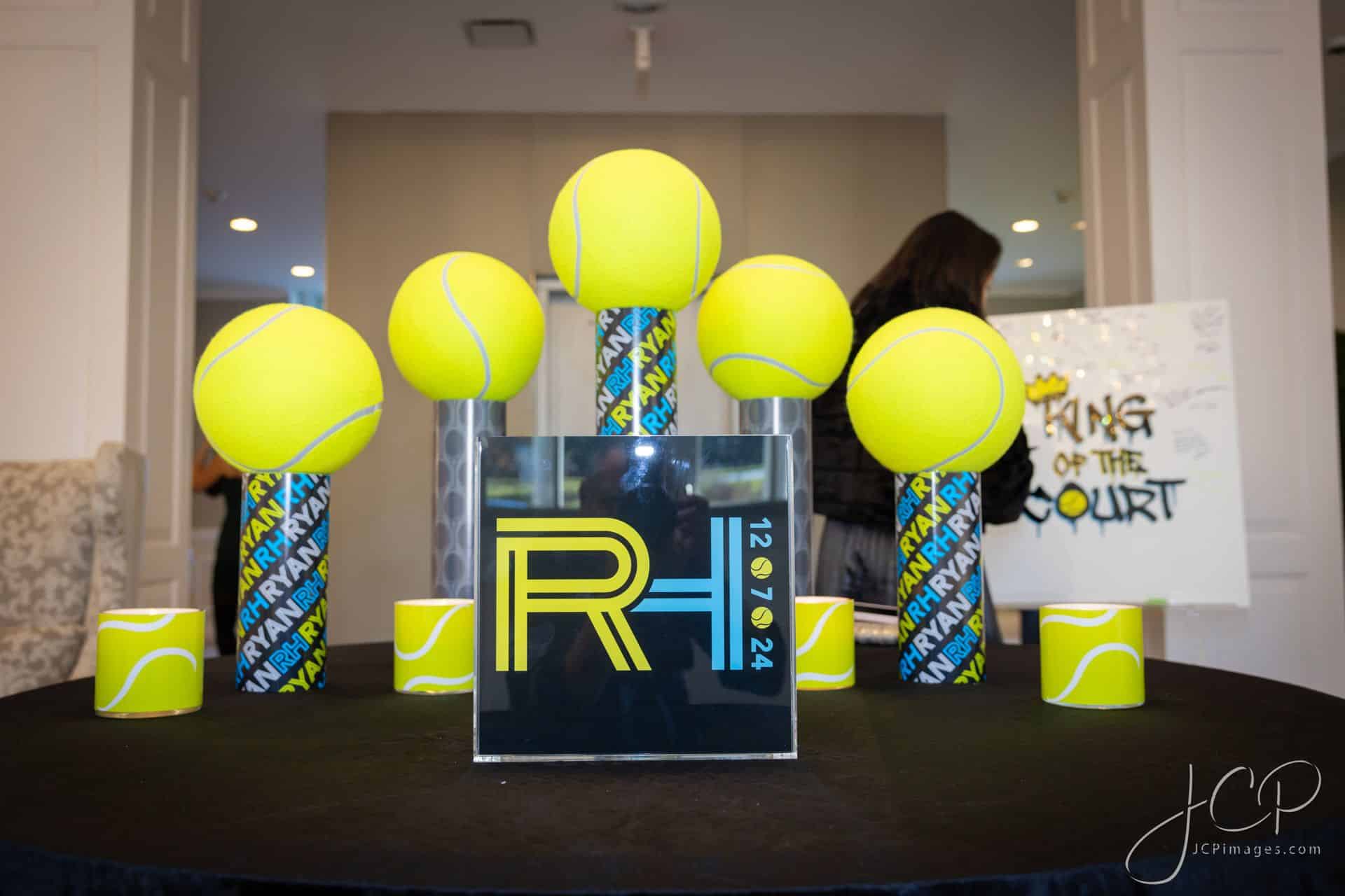 Custom Wrapped Cylinders Topped with Tennis Balls for a Tennis Theme Bat Mitzvah