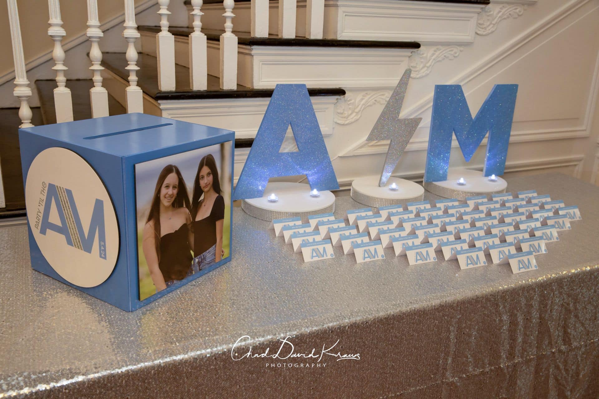 Blue Glitter Initials Display with Custom Fold Over Place Cards at Beach Point Club