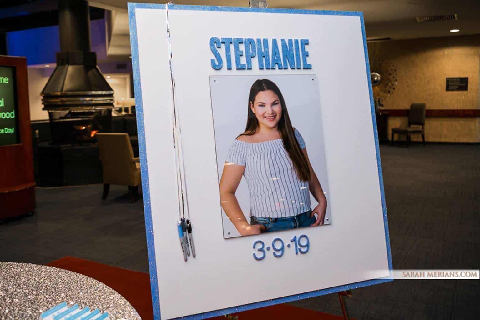 Bat Mitzvah Sign in Board with Blowup Photo and Glittered Name and Date