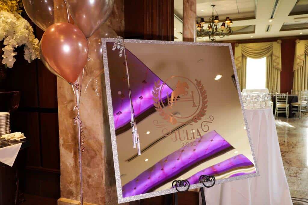 Horse Themed Mirror Sign in Board with Custom Rose Gold Vinyl Logo and Silver Glitter Border