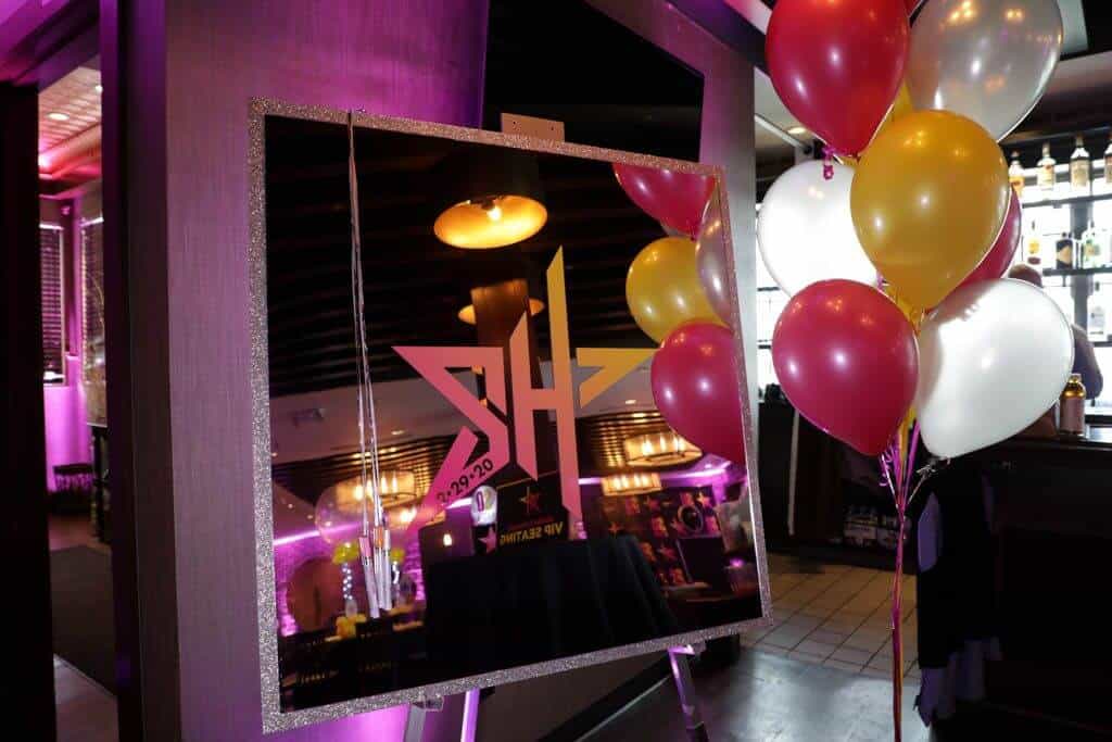 Neon Themed Mirror Sign in Board with Vinyl Logo date Silver Glitter Border