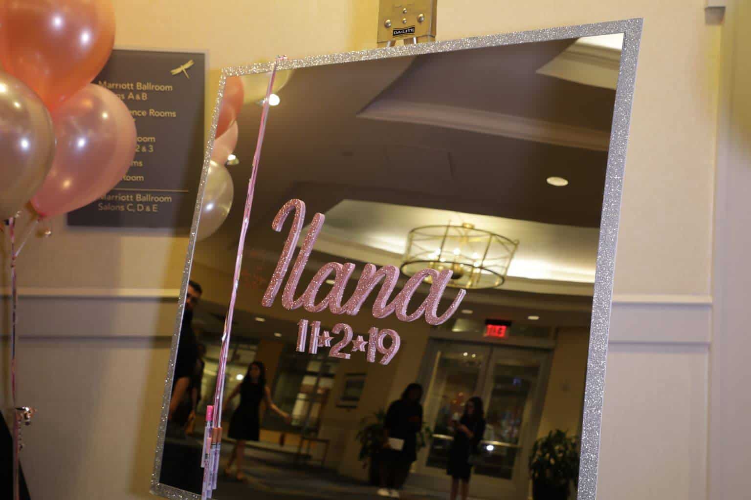 Bat Mitzvah Mirror Sign in Board with Glittered Name and Border