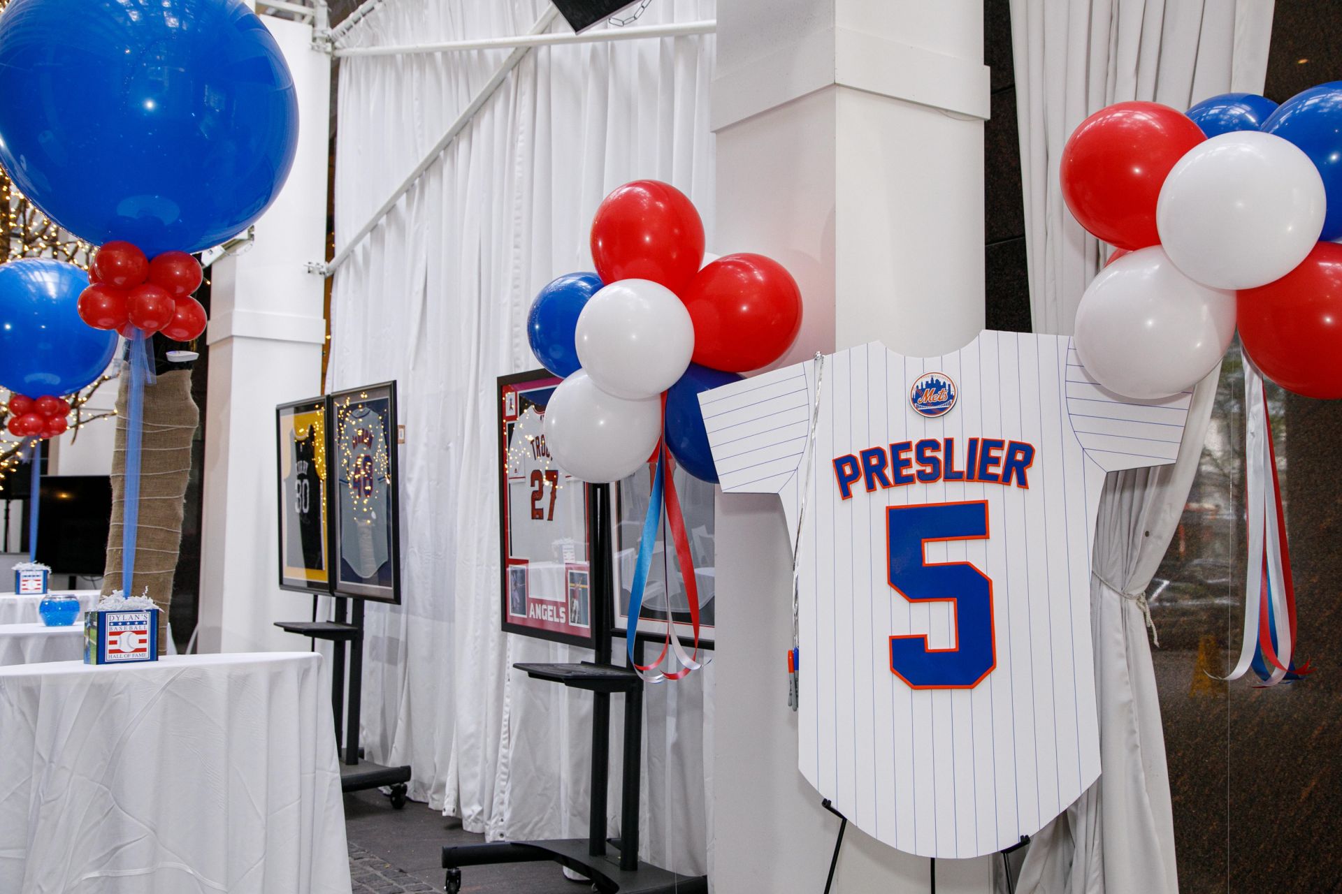 Custom Cut Out Baseball Jersey Sign in Board with Balloon Clusters for Sports Themed Bar Mitzvah