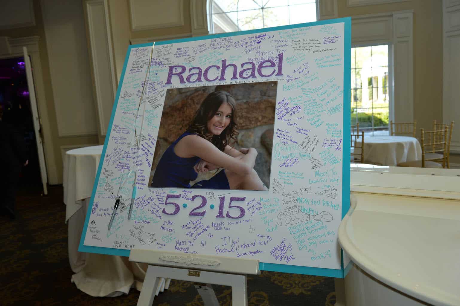 Bat Mitzvah Sign in Board with Blowup Photo and Glittered Name and Date