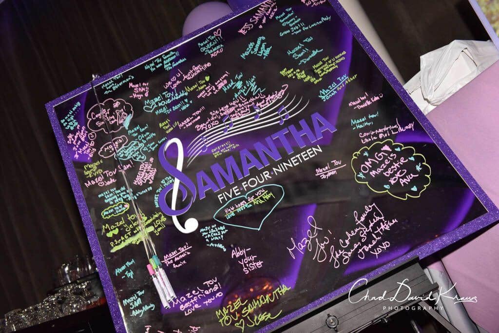 Music Themed Mirror Sign in Board with Custom Vinyl Logo and Glittered Border