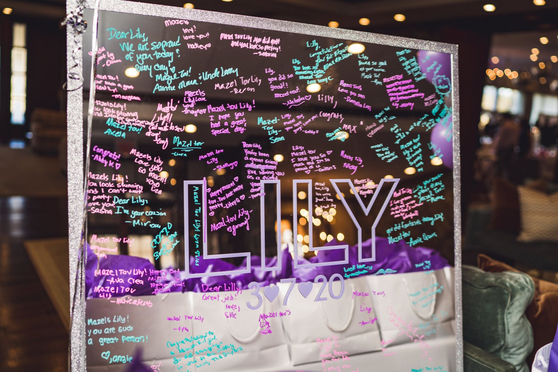 Custom Sign in Mirror with Vinyl Name and Date and Silver Glitter Border for Bat Mitzvah