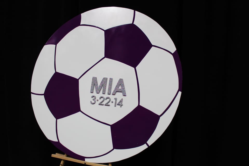 Soccer Ball Shaped Sign in Board with Sparkled Name and Date