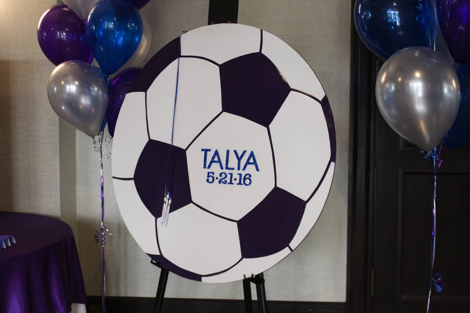 Purple Soccer Ball Sign in Board with Glittered Name and Date