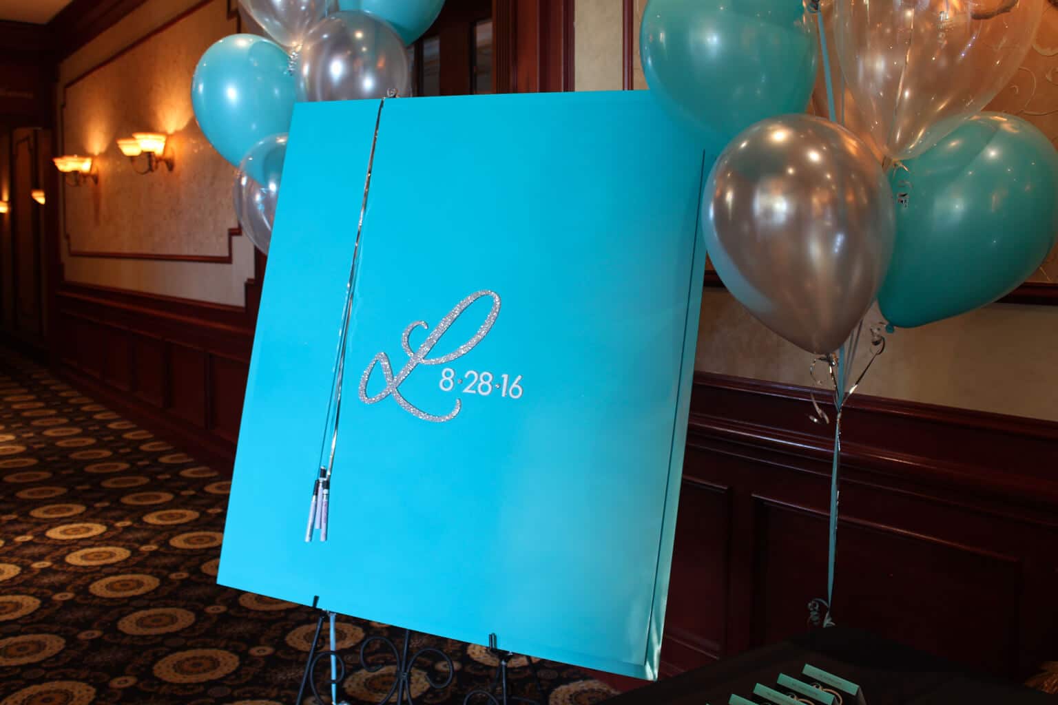 Turquoise Sign in Board with Glittered Initial and Date