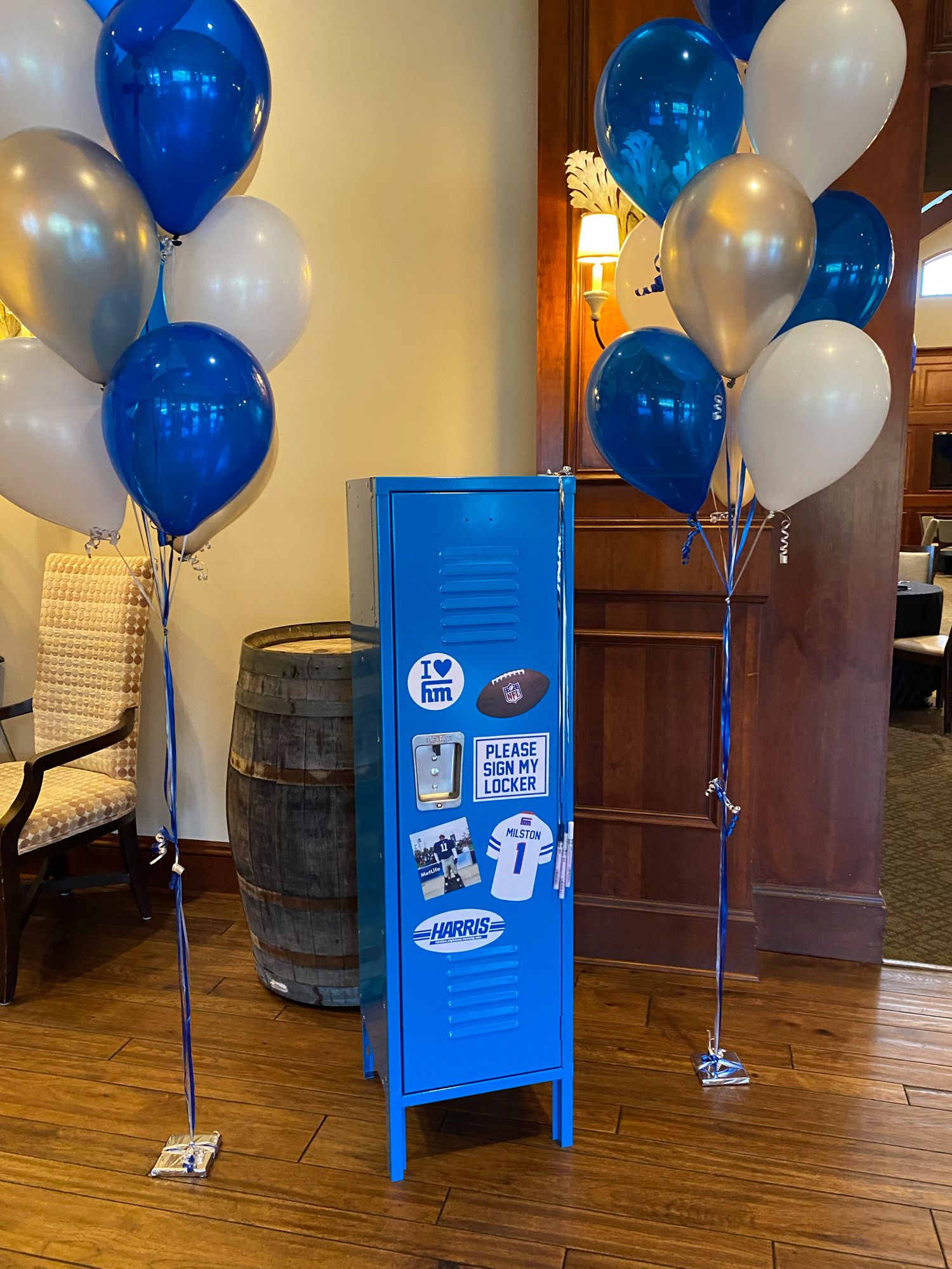 Custom Locker Sign In with Custom Magnets and Balloon Tree