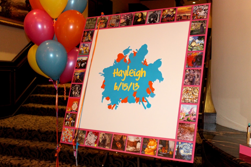 Art Themed Bat Mitzvah with Art Print Photo Border Sign in Board and Paint Splatter Logo
