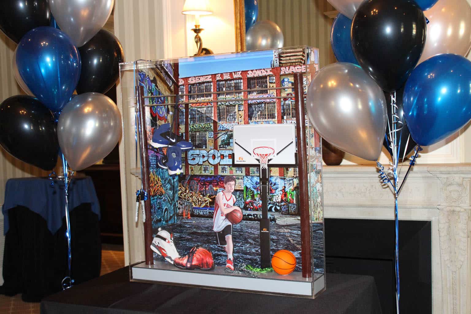 Basketball and Sneakers Themed Bar Mitzvah Shadow Box with Graffiti Background and Hanging Sneakers