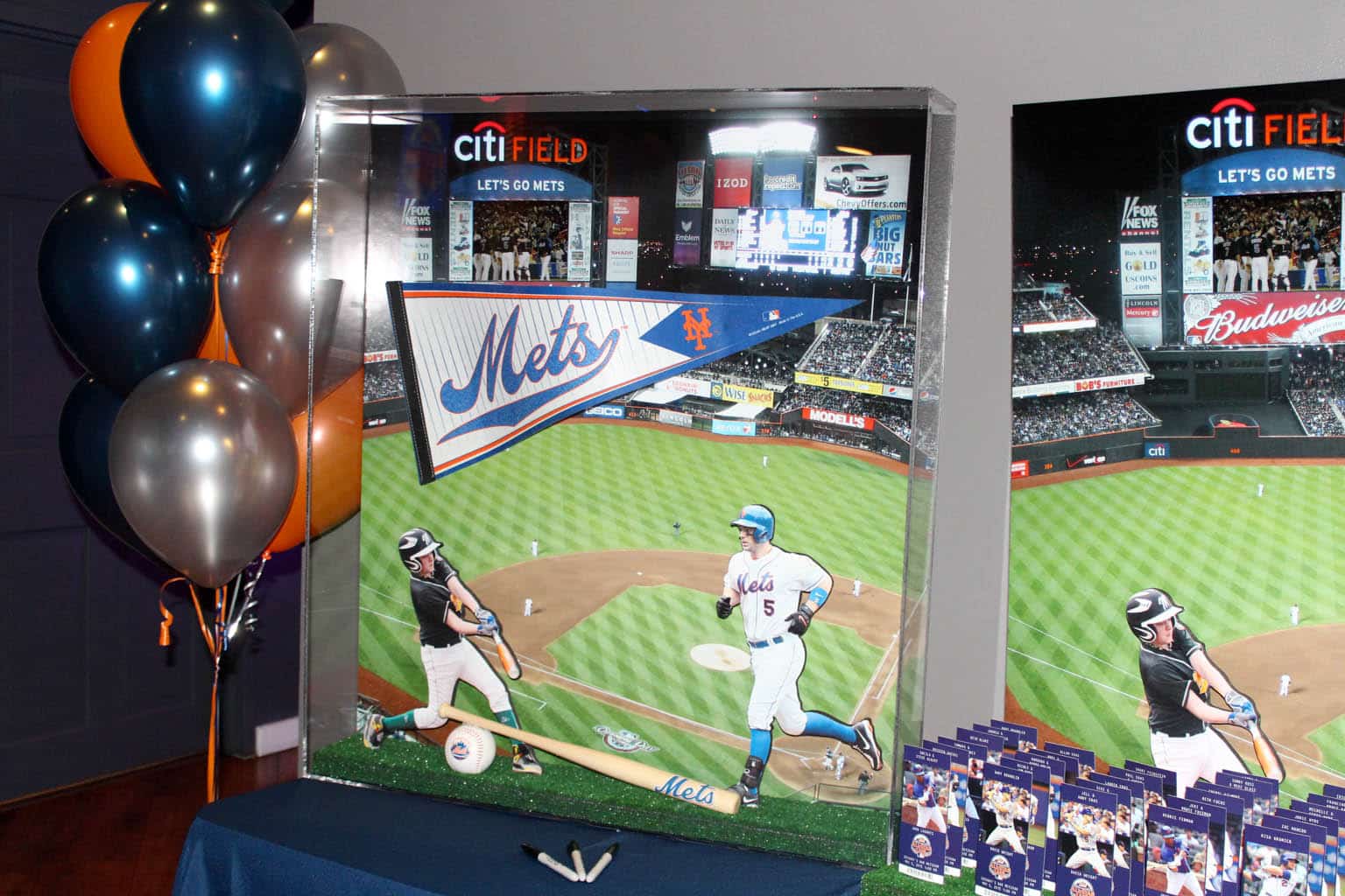 Baseball Themed Bar Mitzvah Sign in Board with Stadium Background, Cutout Photos and Sports Equipment