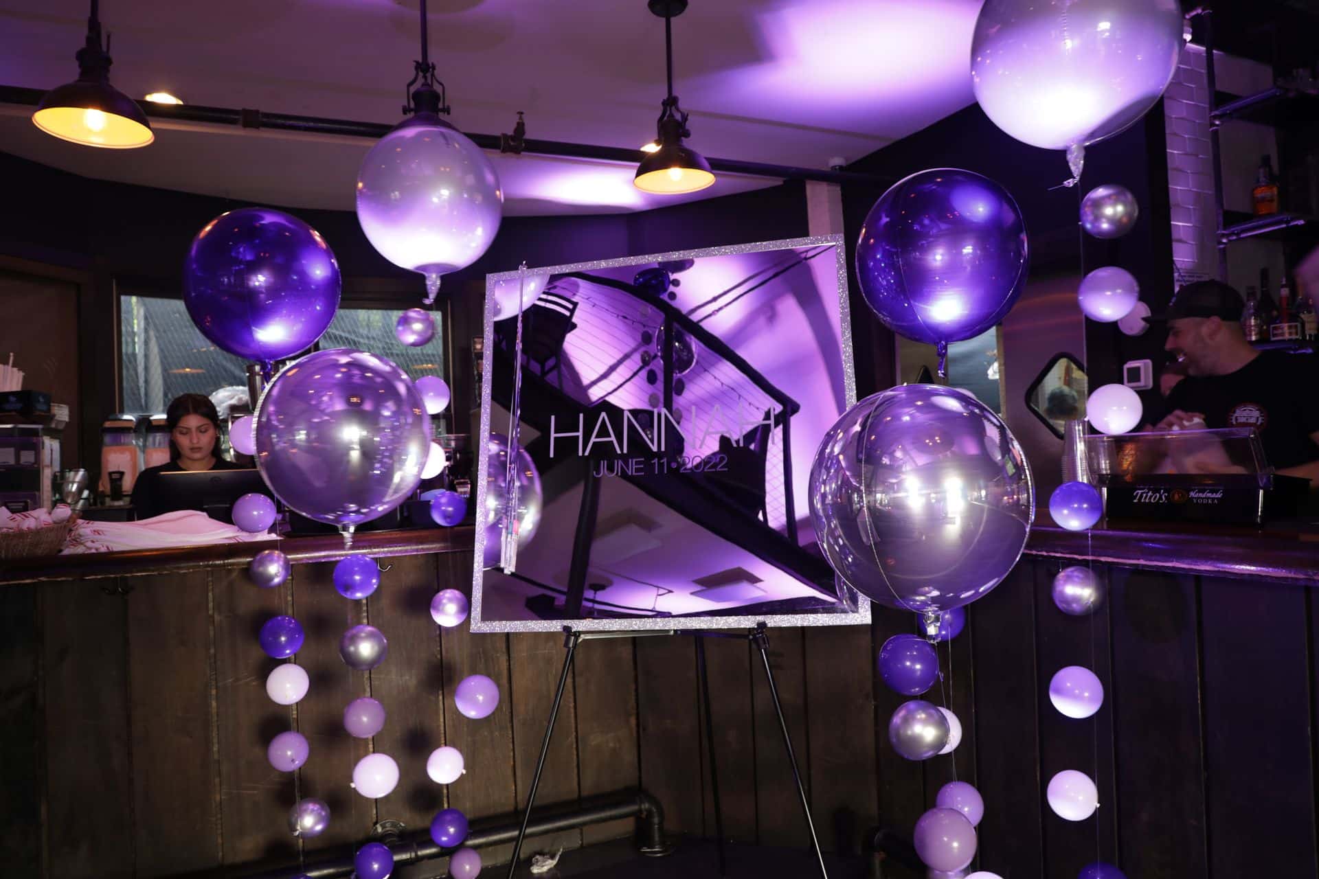 Mirror Sign in Board with Vinyl Name and Date and Metallic Orbz Bubble Balloons at Hudson Social