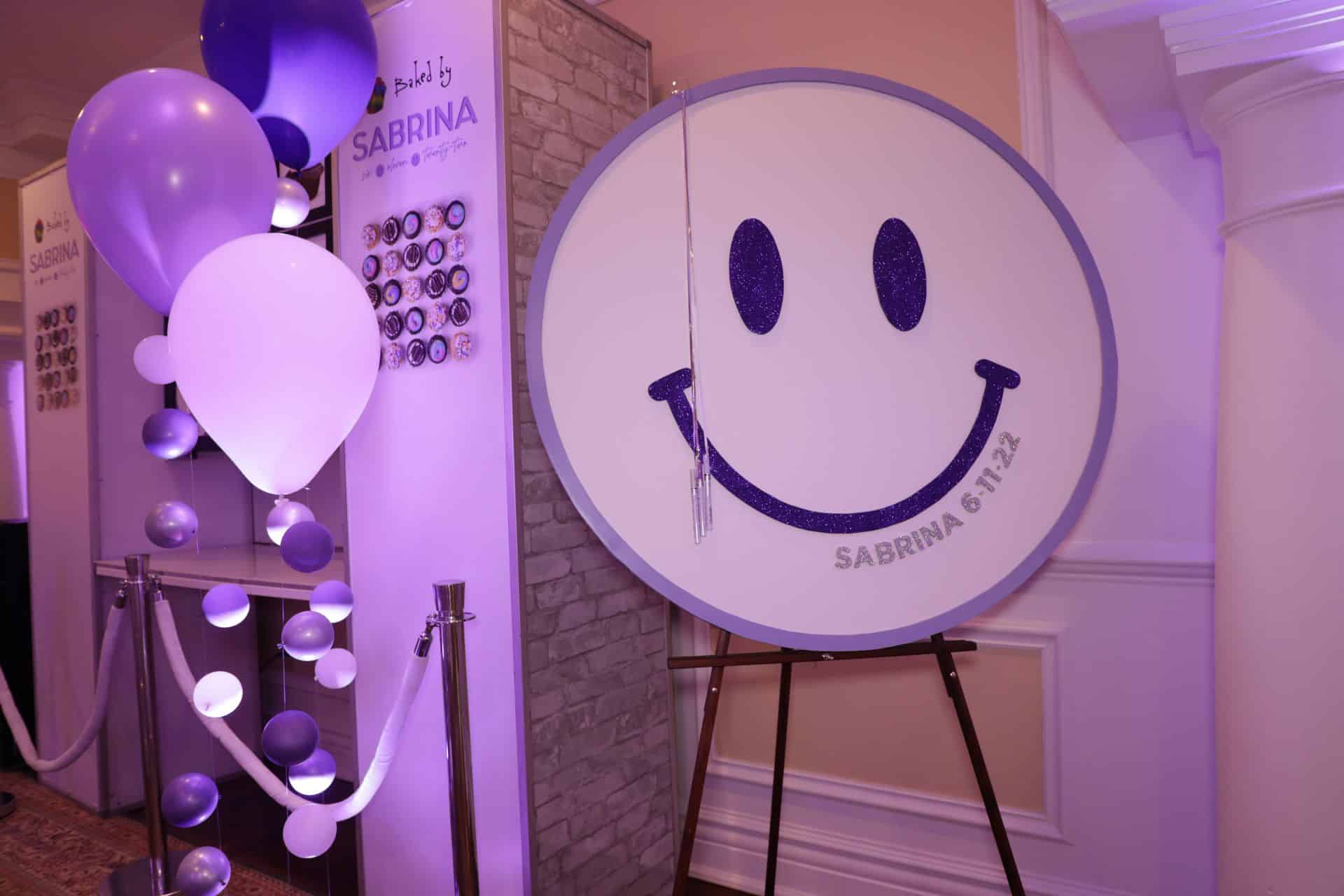 Custom Smiley Face Sign in Board for Bat Mitzvah with Bubble Balloon Accents