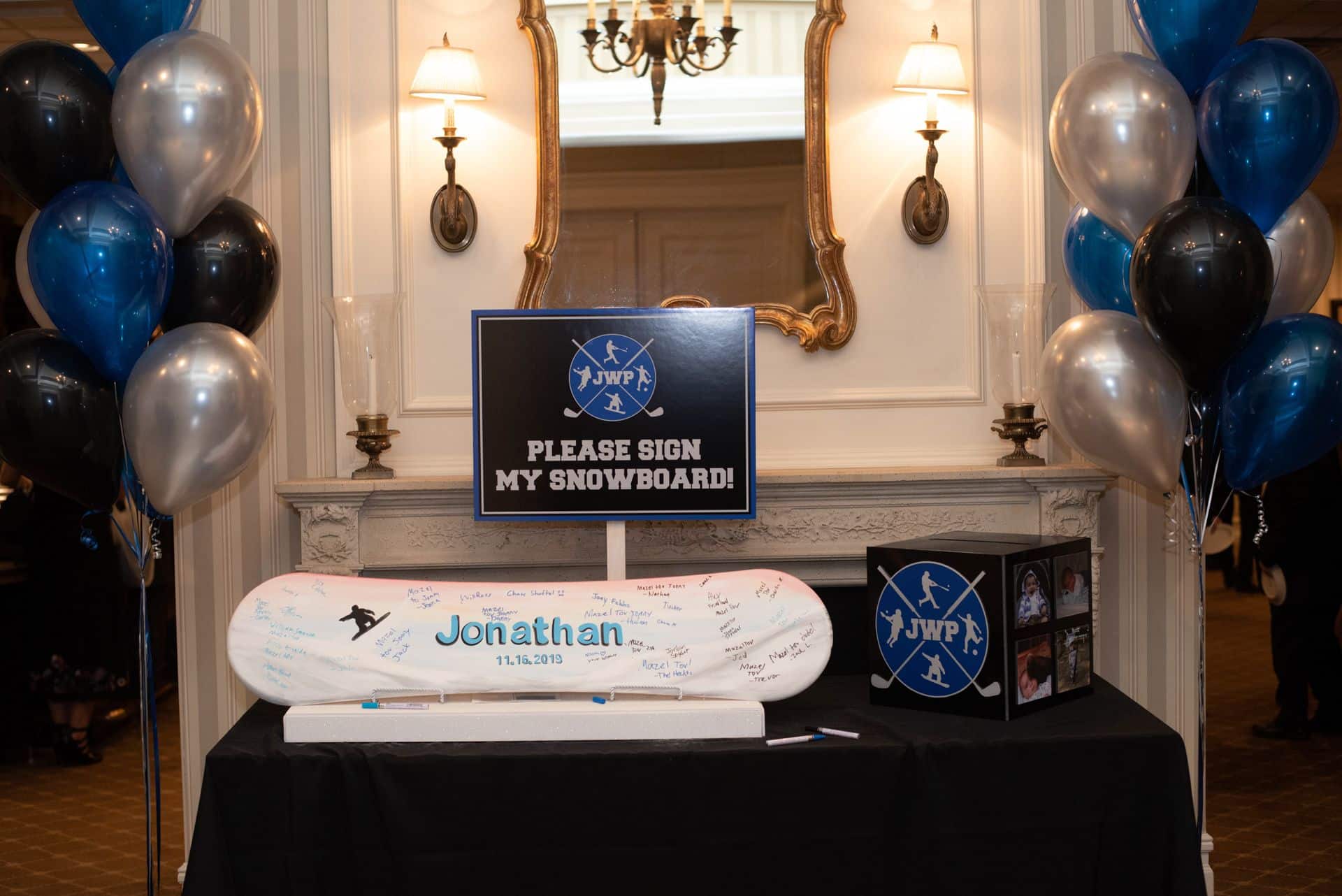 Snowboard Sign in Board with Custom Sign and Balloon Trees