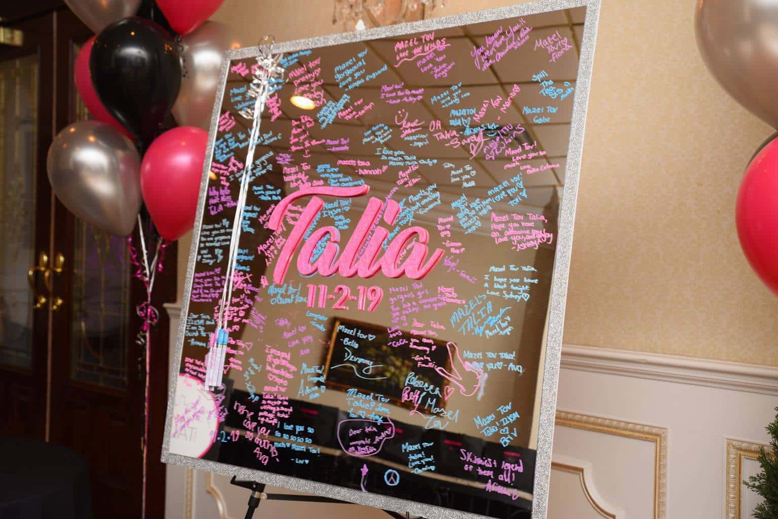 Bat Mitzvah Mirror Sign in Board with Glittered Name and Date