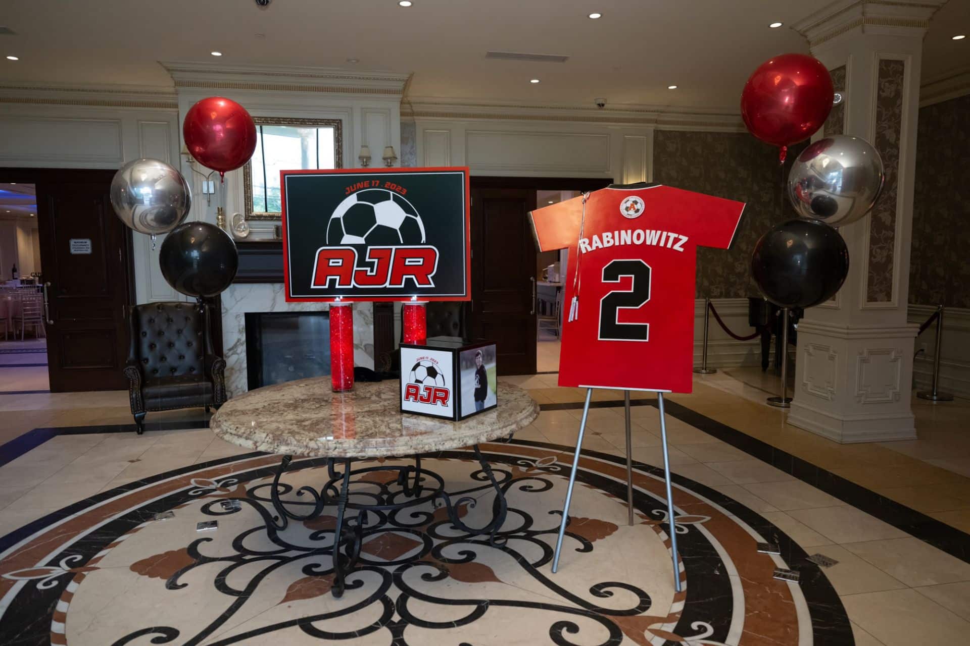 Custom Jersey Sign In Board and Metallic Orbs Accents for Sport Themed Bar Mitzvah at The Terrace, Paramus