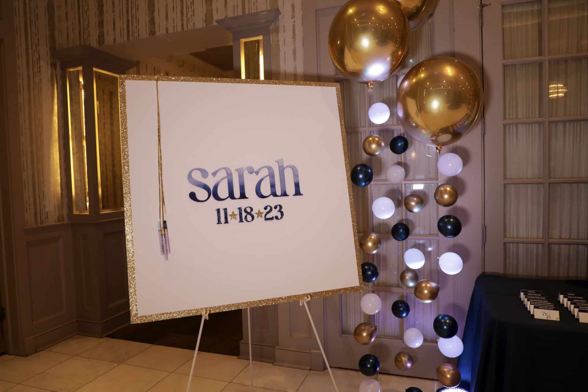 Custom Bat Mitzvah Sign in Board with Watercolor Name and Gold Glitter Border