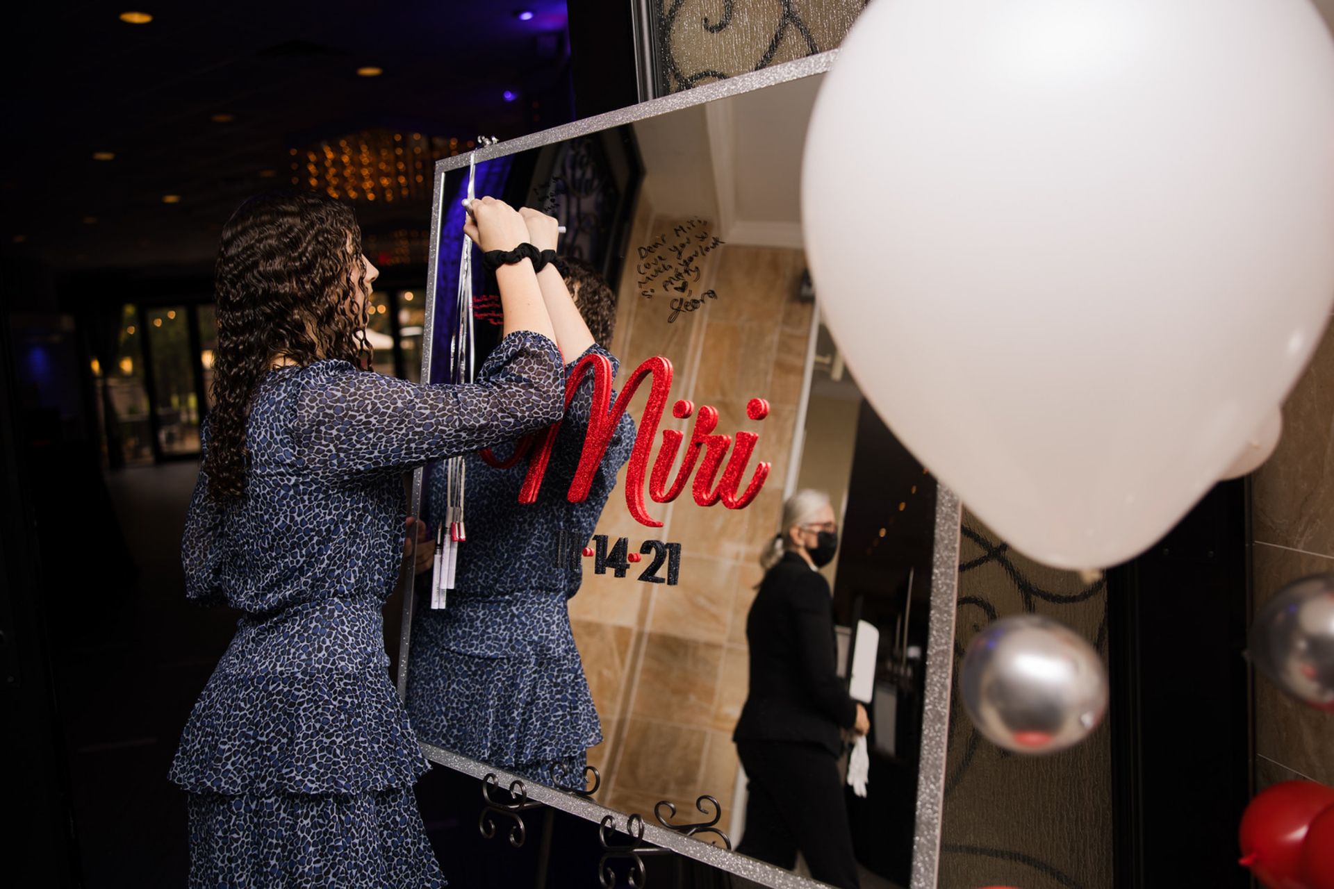 Custom Glitter Name and Date Mirror Sign in Board with Silver Glitter Border for Bat Mitzvah