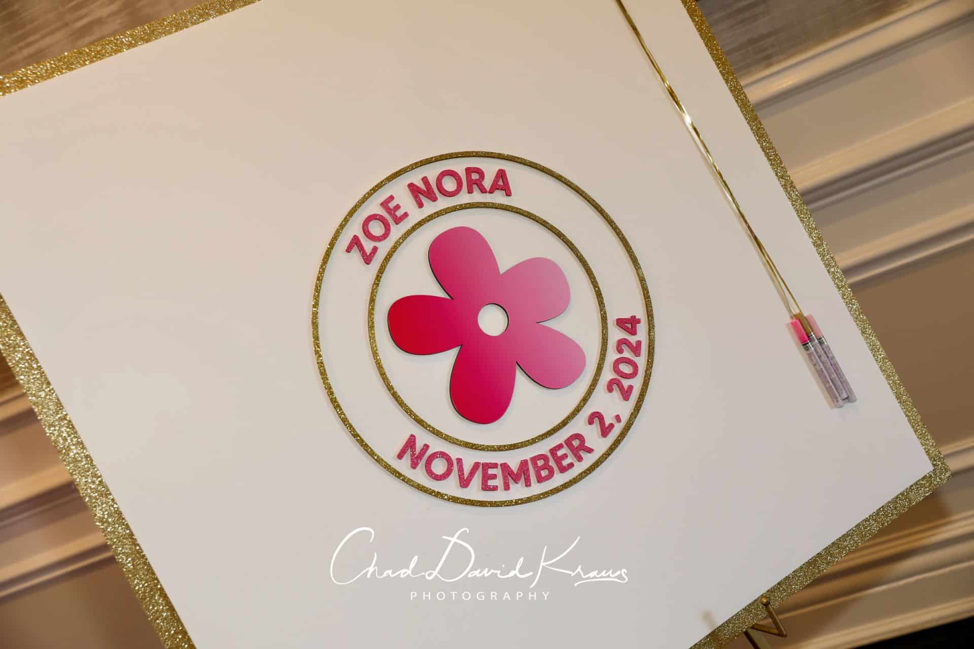 Hand Cut Sign In Board with a Ombre Flower and Glitter Boarder for a Bat Mitzvah