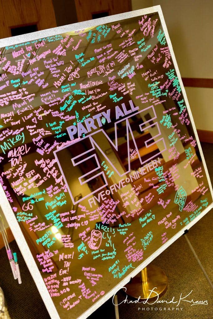 Bat Mitzvah Mirror Sign in Board with Vinyl Logo and Glittered Border