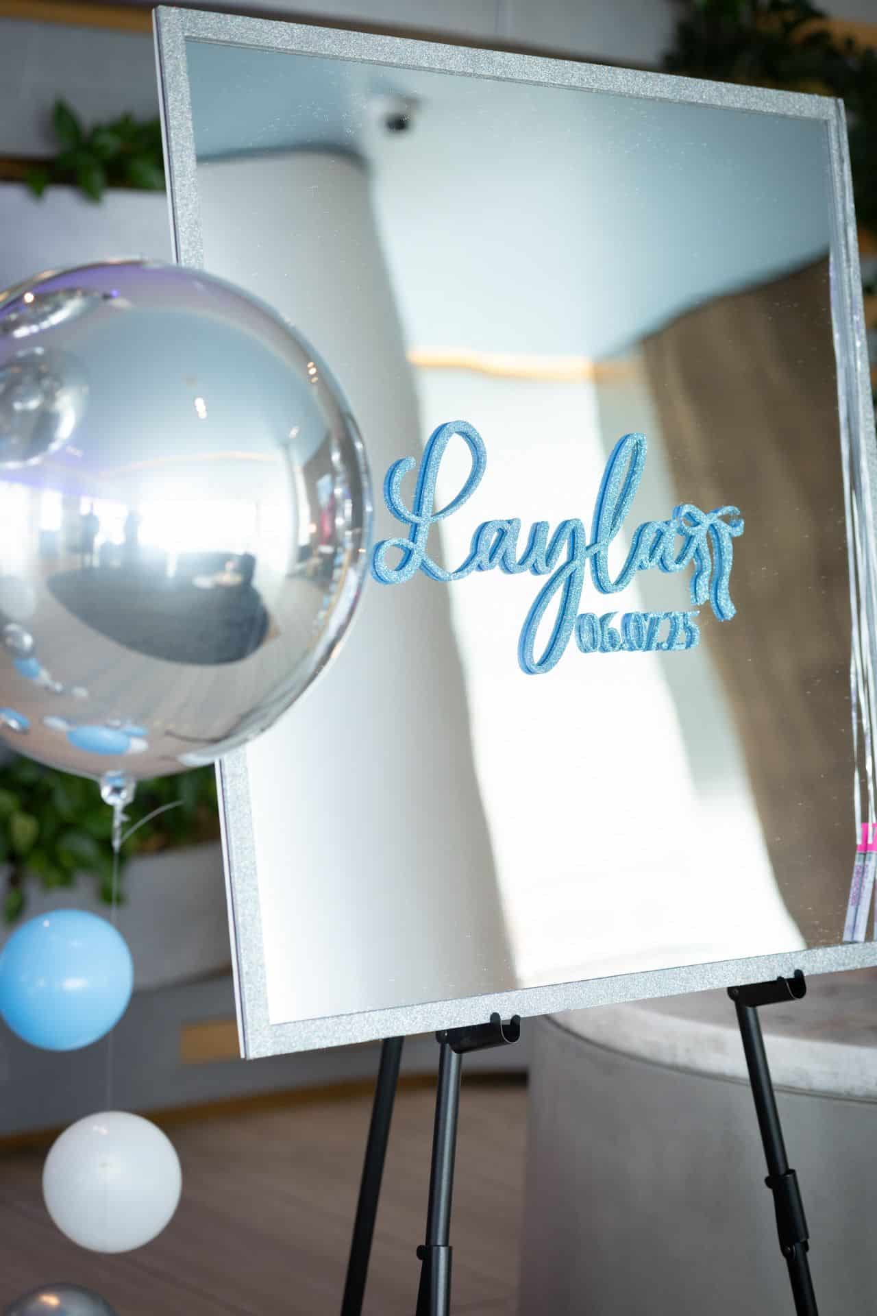 Custom Silver and Blue Glitter Mirror Sign In Board