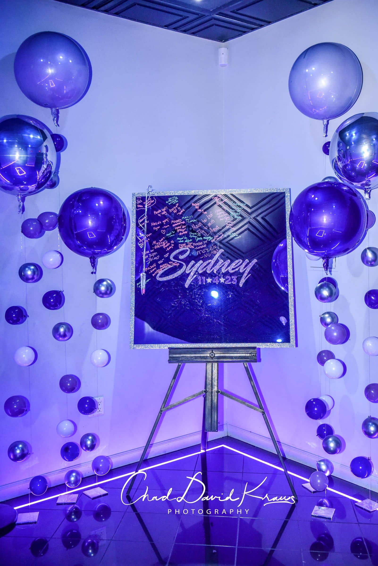 Custom Mirror Sign in Board with Glitter Name and Date and LED Bubble Balloons at Club Infinity