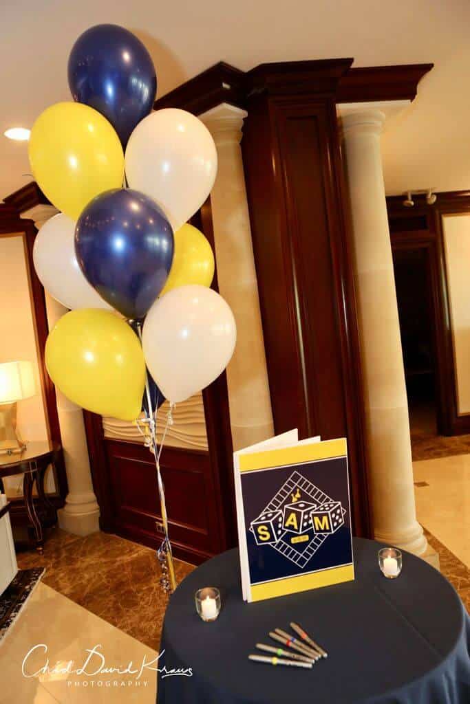 Board Game Themed Bar Mitzvah Sign in Book with Custom Logo and Balloon Tree