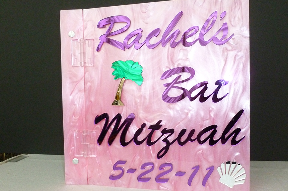 Pink Marble Lucite Book with Palm Trees and Custom Cut Lettering