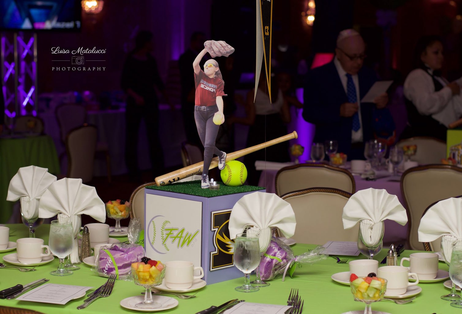 Softball Themed Bat Mitzvah Centerpiece with Custom Logo and Photos