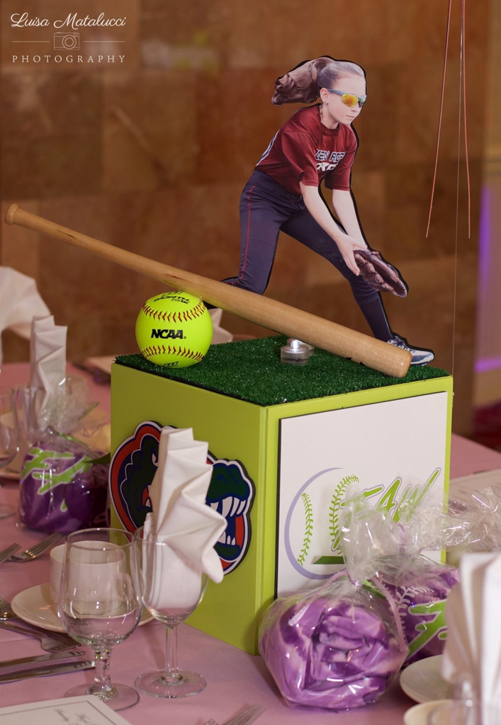 Softball Themed Bat Mitzvah Centerpiece with Custom Logo and Photos