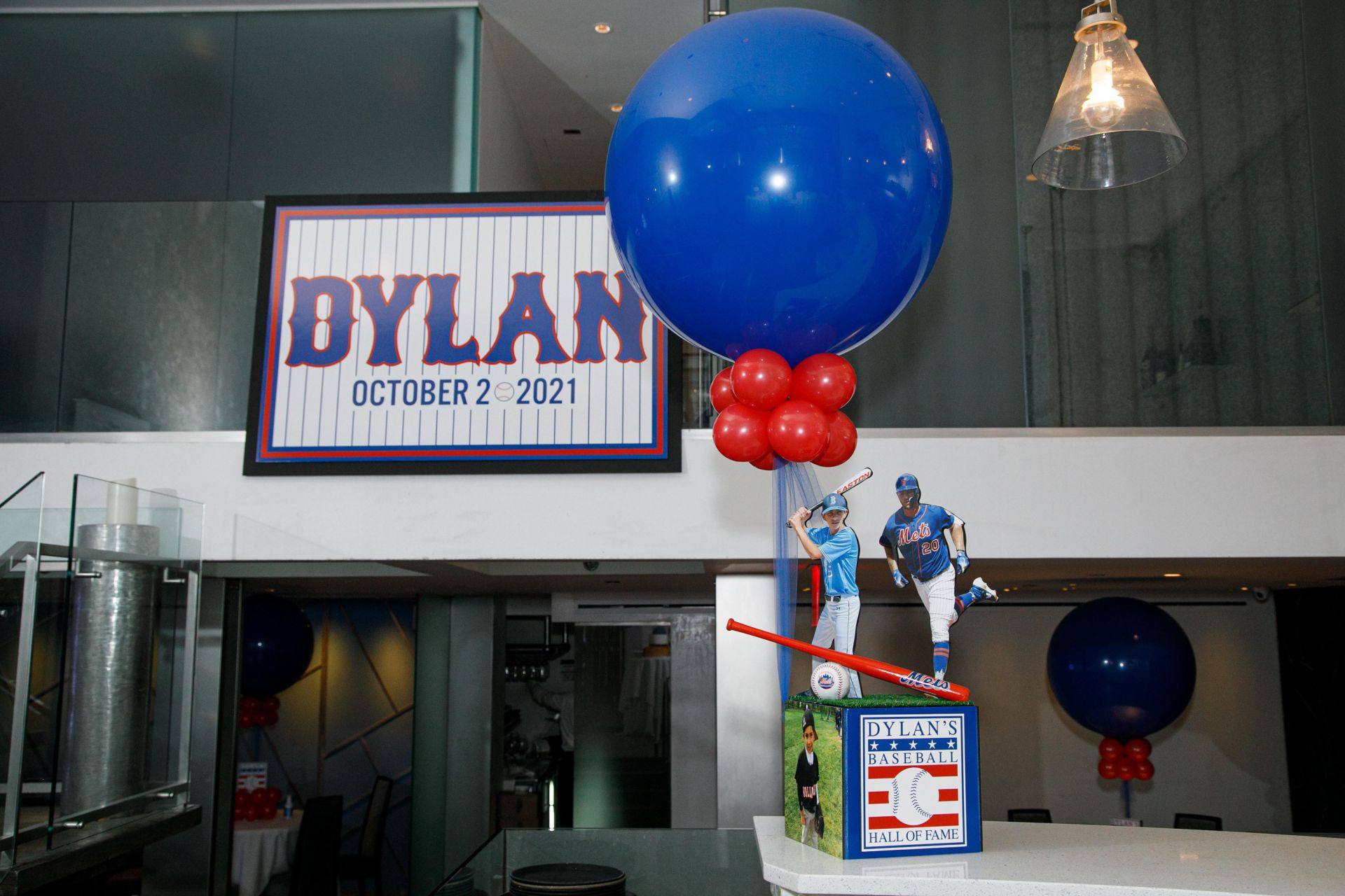 Custom Photo Cube Centerpiece with Baseball Bat and Ball, Cut Outs and 3' Balloon for Bar Mitzvah