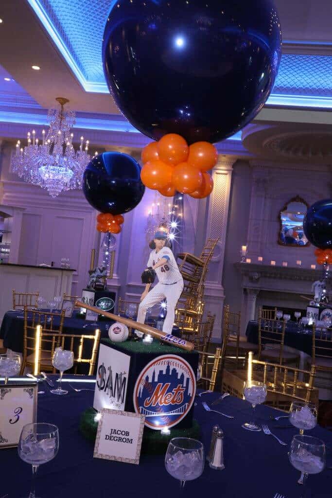 Mets Themed Centerpiece with Cutout Player and Navy and Orange Balloons