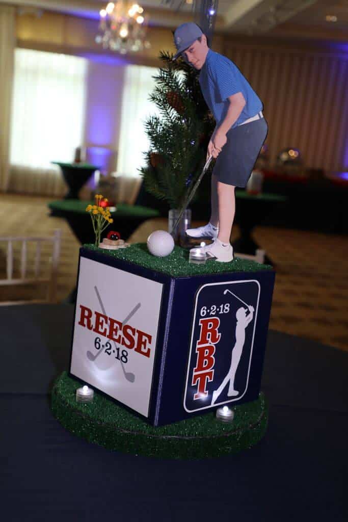 Golf Themed Cube Centerpiece with Custom Logos and Cutout Toppers